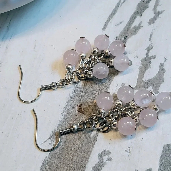 Rose Quartz Pink Gemstone Bead Dangle Silver Platinum Plated Earrings - Picture 9 of 10